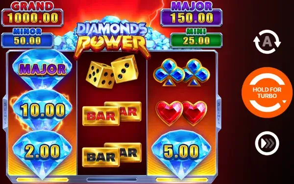 The Diamonds Power main screen with the 3x3 grid and jackpot bar.