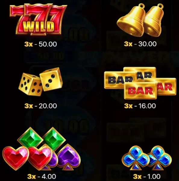 The paytable symbol list with 3-of-a-kind payouts and the Wild icon.